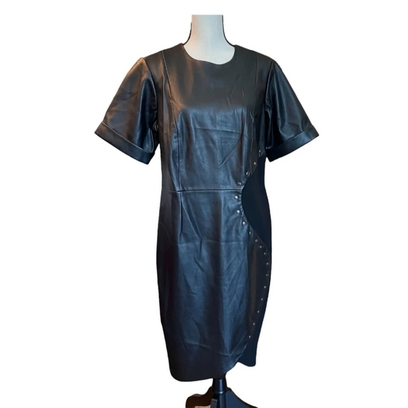 SIKA Collection Womens Sasha Dress Sheath Tulip Black Faux Leather Crewn… - Picture 2 of 7